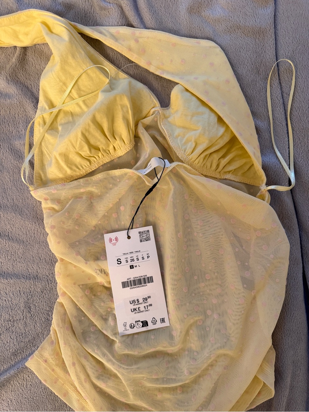 Zara Dotted Mesh Halter Top, Yellow/Pink, size S - Picture 4 of 4